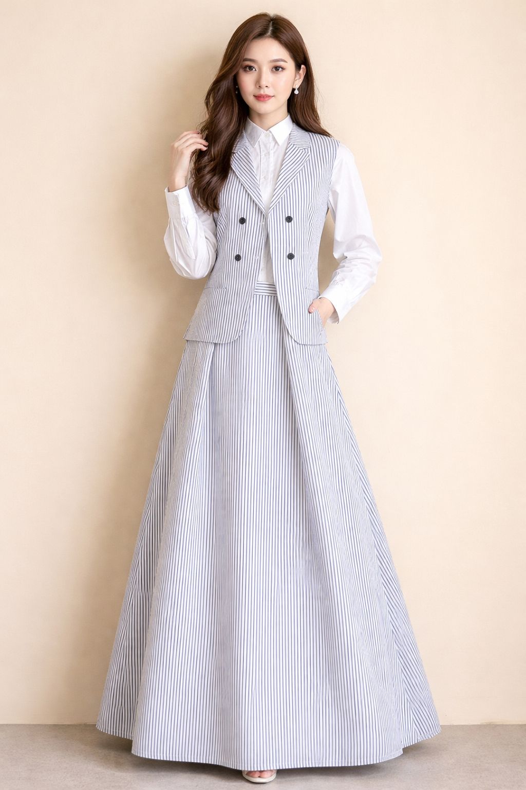 Monochrome Pinstripe Waistcoat & Maxi Skirt Co-ord Set – DEEBA'S