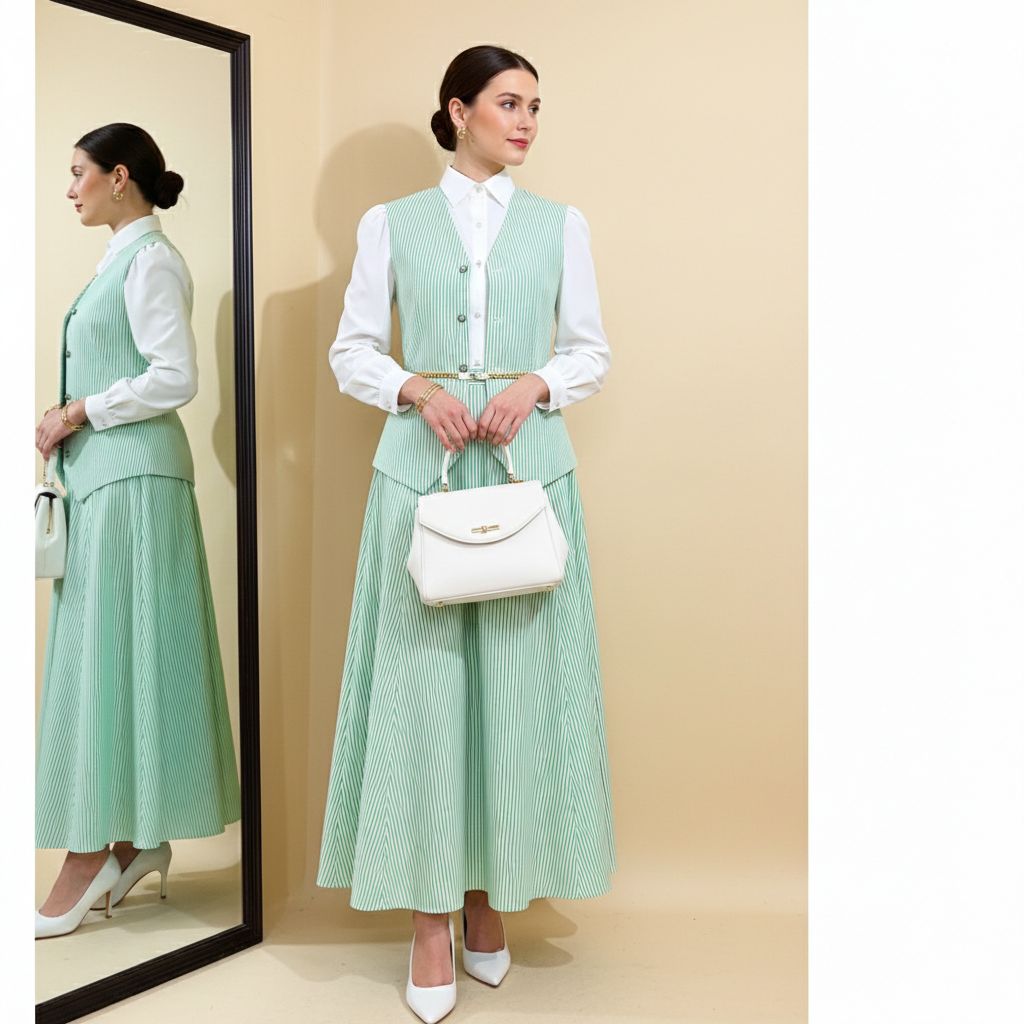 Mint Stripe Waistcoat & Pleated Maxi Skirt Co-ord Set – DEEBA'S