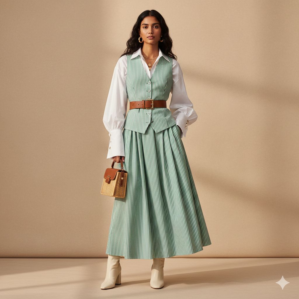 Mint Stripe Waistcoat & Pleated Maxi Skirt Co-ord Set – DEEBA'S