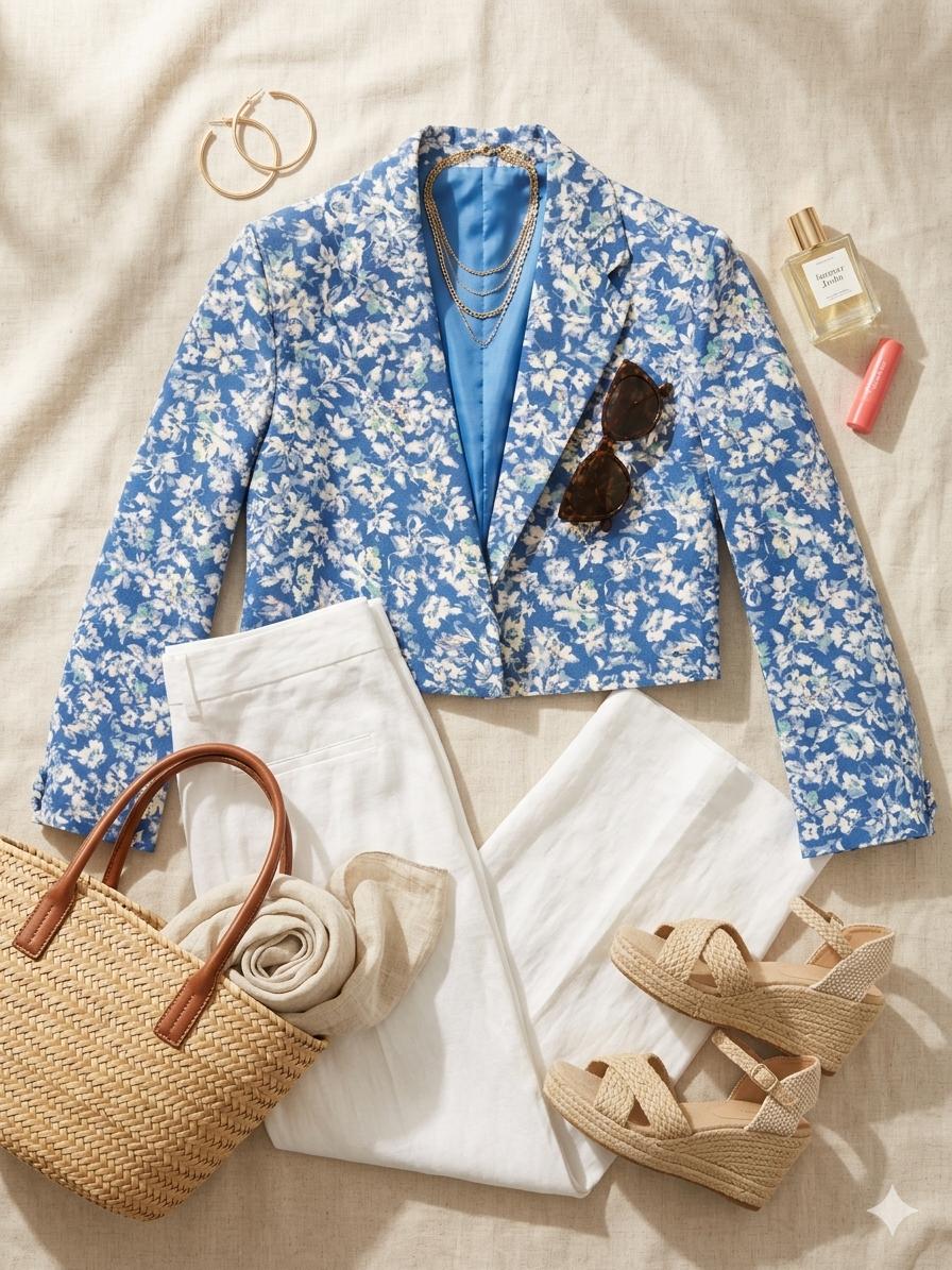 Azure Bloom Cropped Floral Blazer – DEEBA'S