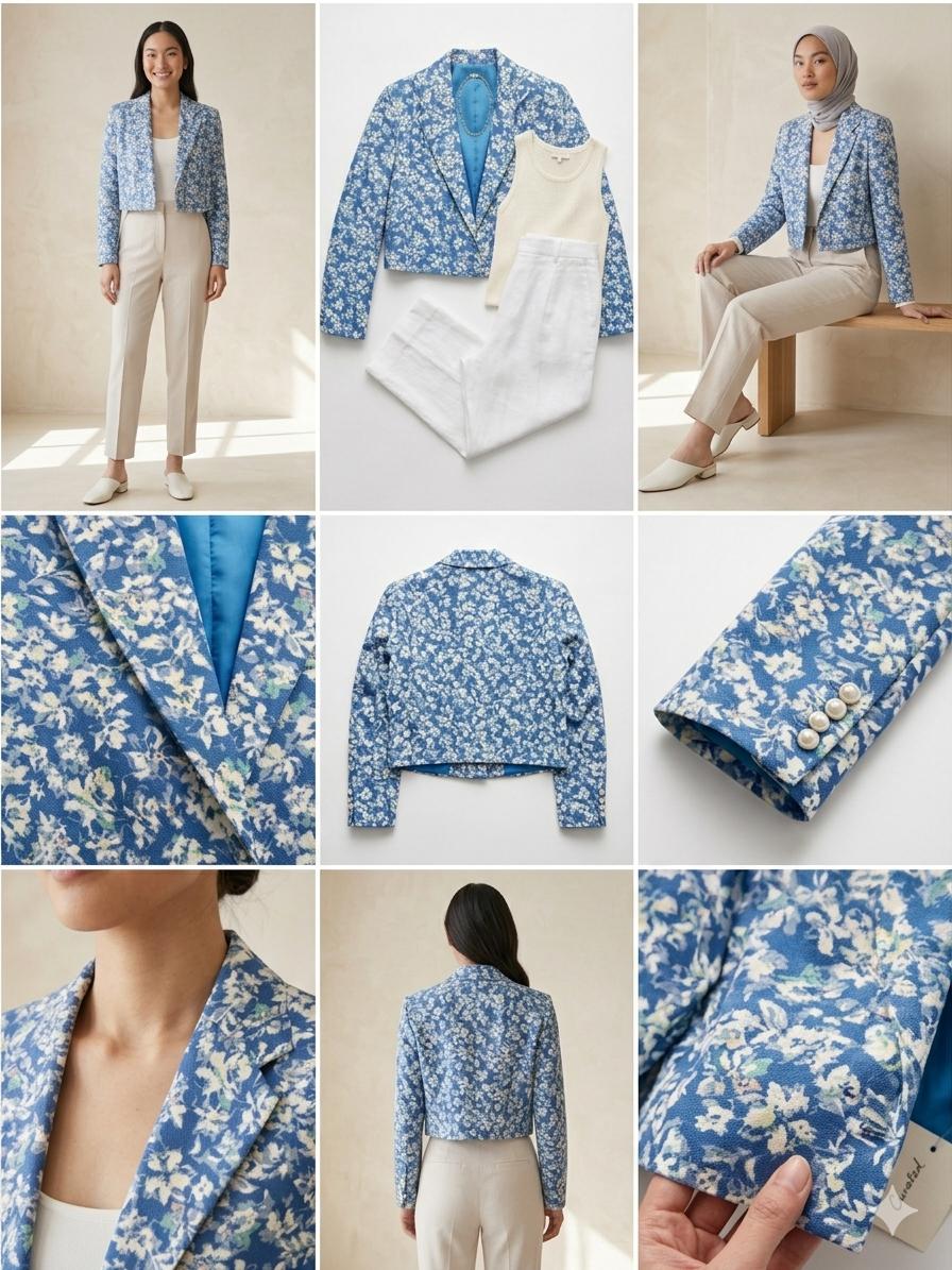 Azure Bloom Cropped Floral Blazer – DEEBA'S