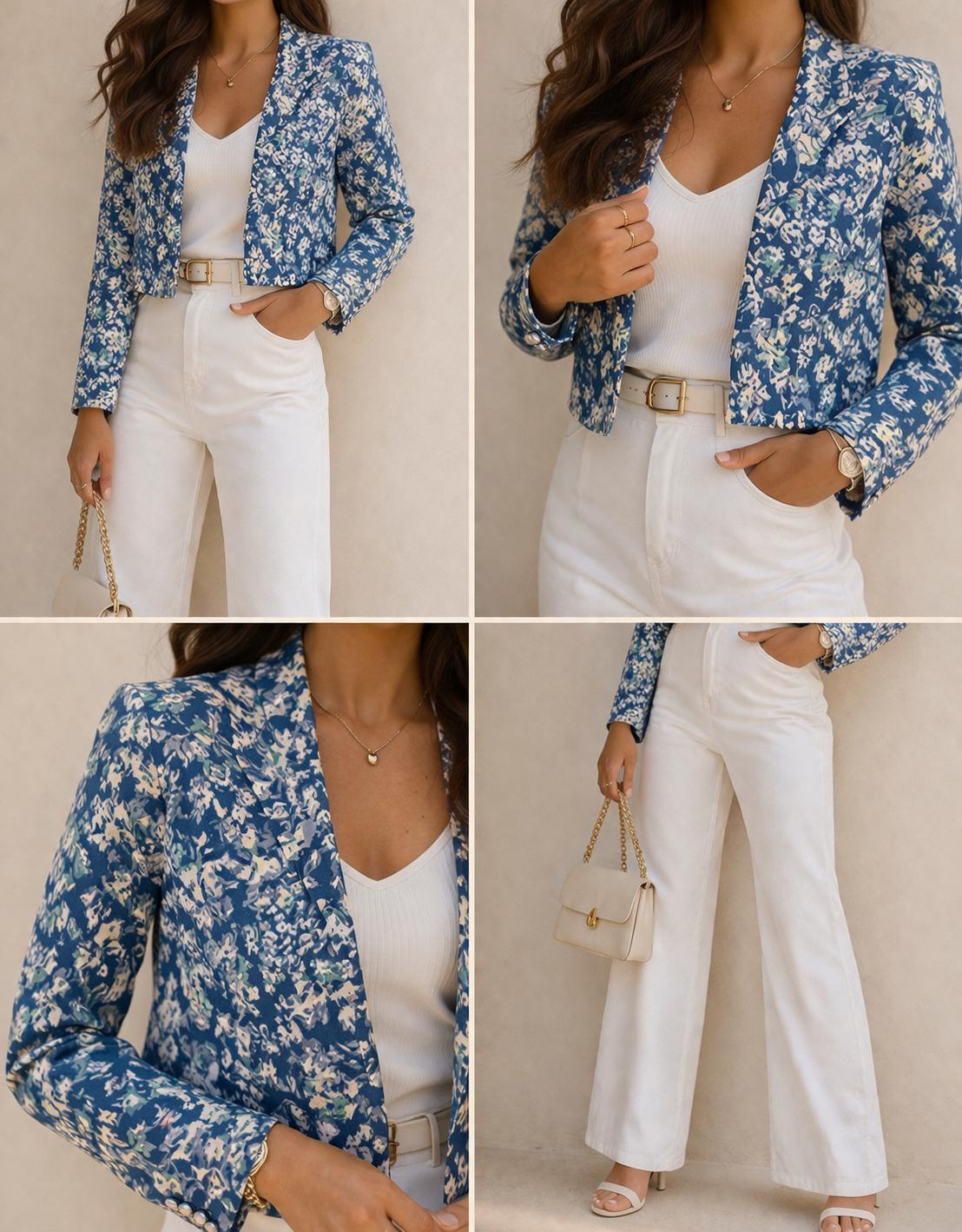 Azure Bloom Cropped Floral Blazer – DEEBA'S