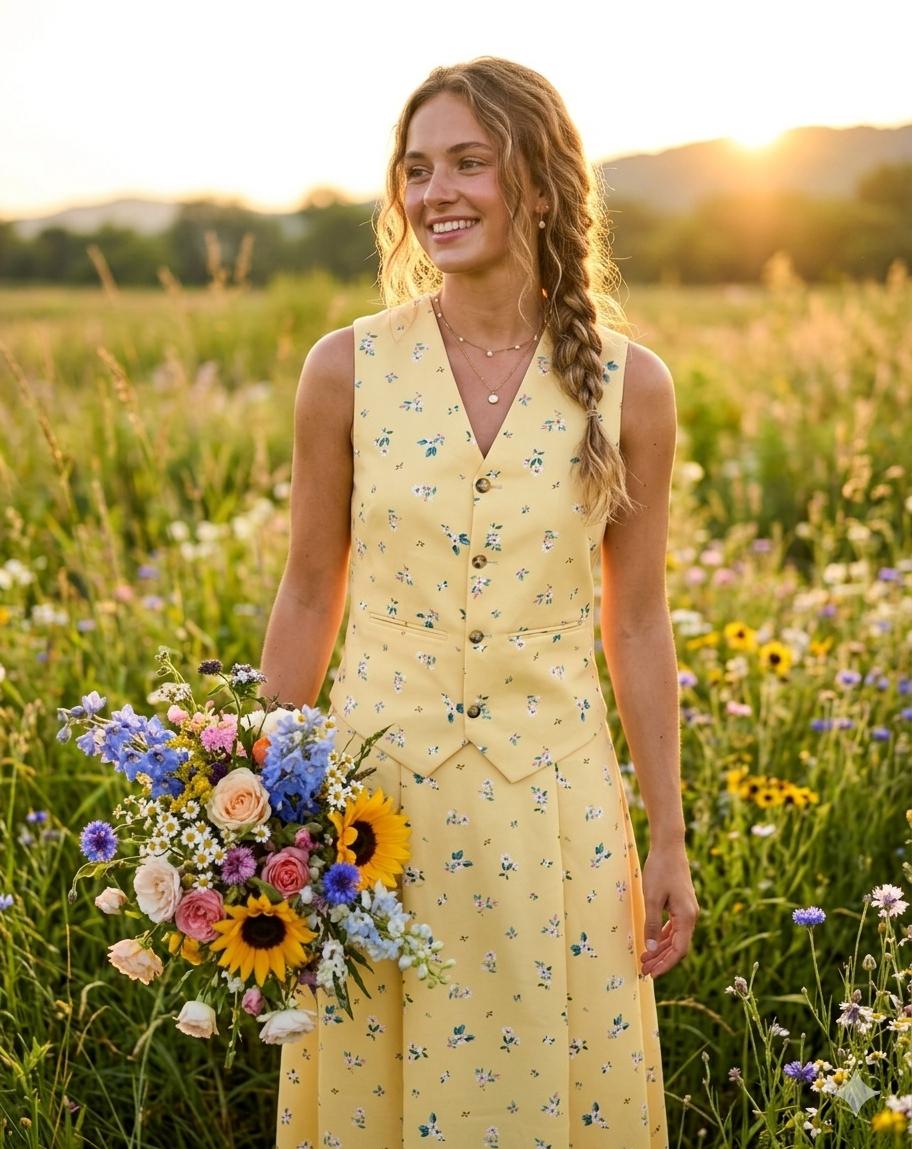 Yellow Floral Vest & Skirt Co-ord Set